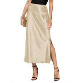 Womens Silk Maxi Skirt with Side Slit High Waist Silk Skirt